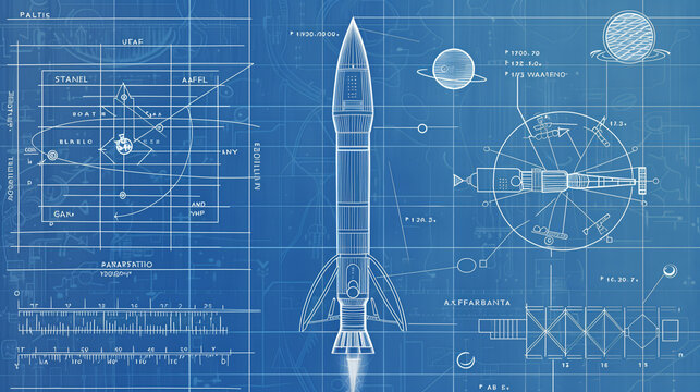 Blueprint of a rocket with technical schematics and planetary design