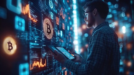 Man Analyzing Cryptocurrency Data on Digital Tablet in Futuristic High-Tech Environment