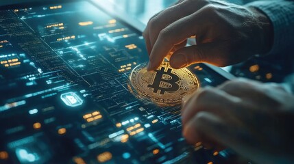 Digital Cryptocurrency Transaction - Hands Handling Bitcoin on Futuristic Interface for Blockchain Innovation in Financial Technology