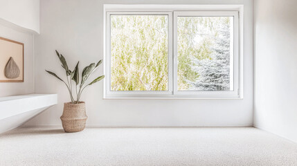 Fototapeta premium Serene and bright Scandinavian living room space with large windows, soft textures, and minimalist interior design elements for a cozy and inviting atmosphere
