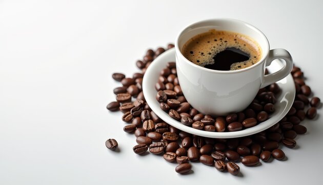 A cup of black coffee surrounded by coffee beans on a white background.