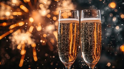 Elegant New Year's Celebration with Champagne Toast and Fireworks in Background
