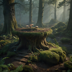 a moss covered stump in the middle of a forest