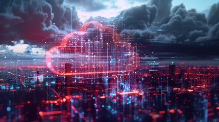 Digital cloud network hovering over a cityscape with interconnected lines and data nodes, cloud computing, urban digital transformation