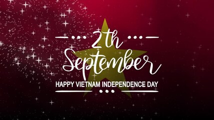 Happy Vietnam Independence Day Text Animation with waving flag background. Celebrate Happy Vietnam Independence Day on 2th September. Great for celebrating Happy Vietnam Independence Day.