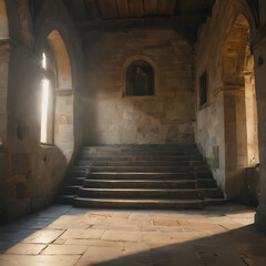 Obraz premium sunlight shining through a window onto a stone staircase in a building