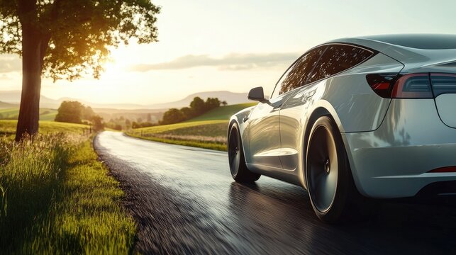Sleek Electric Car on Scenic Countryside Road at Sunset