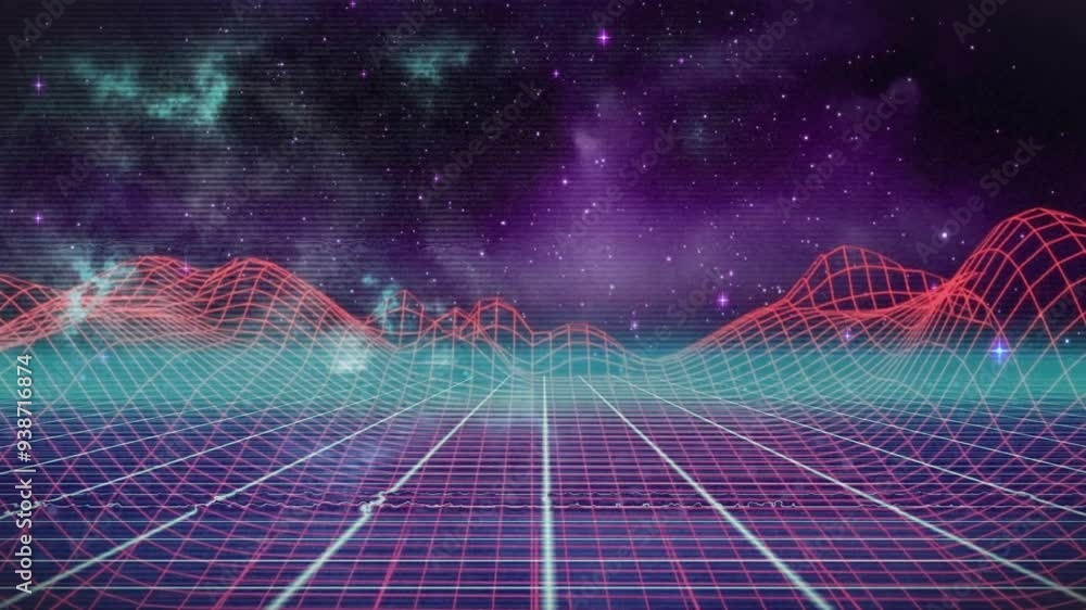 Sticker Retro grid landscape with neon lines and starry sky animation