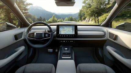 Modern Electric Car Interior with Scenic Mountain Road View and Digital Dashboard Display