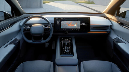 Obraz premium Modern Electric Car Interior Displaying Advanced Dashboard Design and Touchscreen Interface