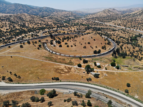 Aerial Drone Photo of Train Passing Through the Tehachapi Loop