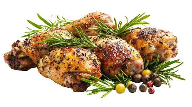 Deliciously roasted chicken drumsticks garnished with fresh herbs and spices, perfect for any culinary project. isolated on transparent background PNG