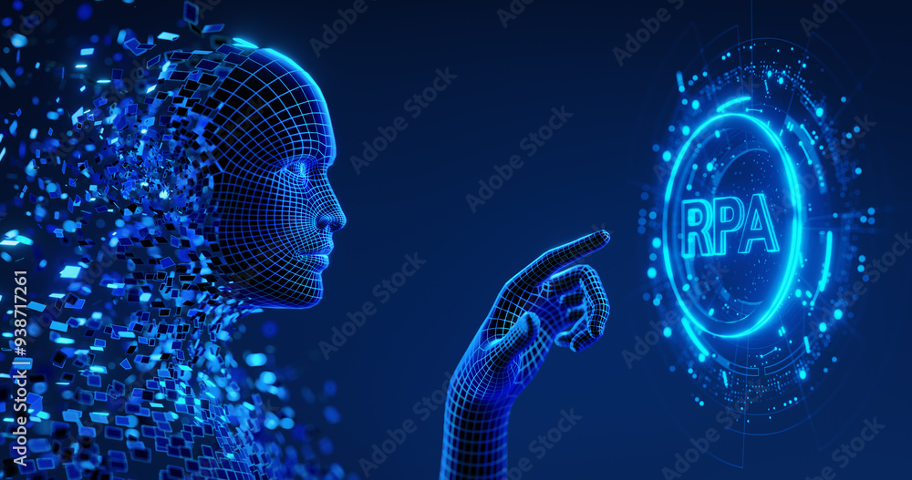Poster human digital avatar presses a virtual button on screen with rpa - robotic process automation icon. 