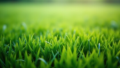 Close-up shot of vibrant green grass blades under soft sunlight, creating a serene and fresh...