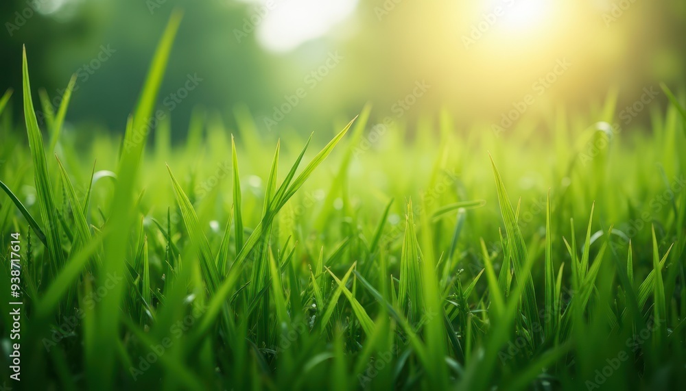Poster close-up of vibrant green grass blades with sunlight filtering through in the background, creating a
