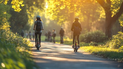 Obraz premium People Riding Electric Scooters on a Scenic Path During Golden Hour in a Park