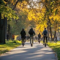 Obraz premium People Riding Electric Scooters on a Tree-Lined Pathway in Park During Autumn