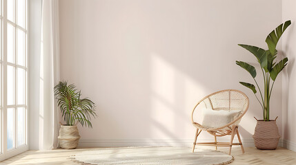 Fototapeta premium A cozy living room corner with a rattan chair and plants, bathed in soft natural light.