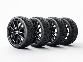 Side view of four car tyres in a row