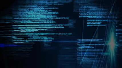 Digital code and data processing animation over dark blue background - Powered by Adobe