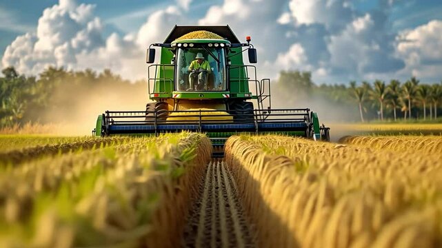 In a field, a combine harvester gathers rice.