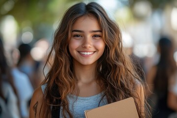 Beautiful student girl smiling while holding books outdoors
