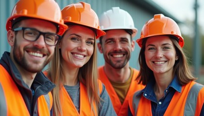 Group of diverse engineers wearing safety gear smiling at the construction site.