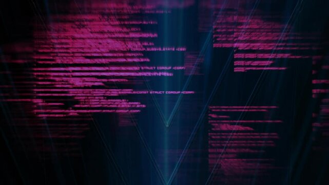 Pink code lines animation over dark background with blue light effects