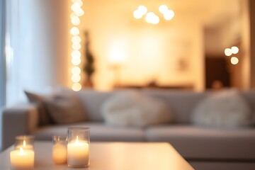 blurred view of a living room interior, with soft outlines of furniture and decor. The warm lighting creates a cozy atmosphere, highlighting the comfort and calmness of the space.