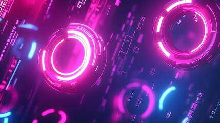 19. "A high-tech background featuring rotating 3D rings and pulsating geometric patterns with a neon glow