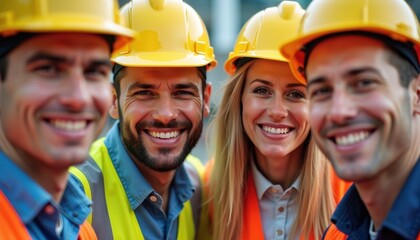 Group of cheerful construction workers wearing safety gear and smiling at the camera.