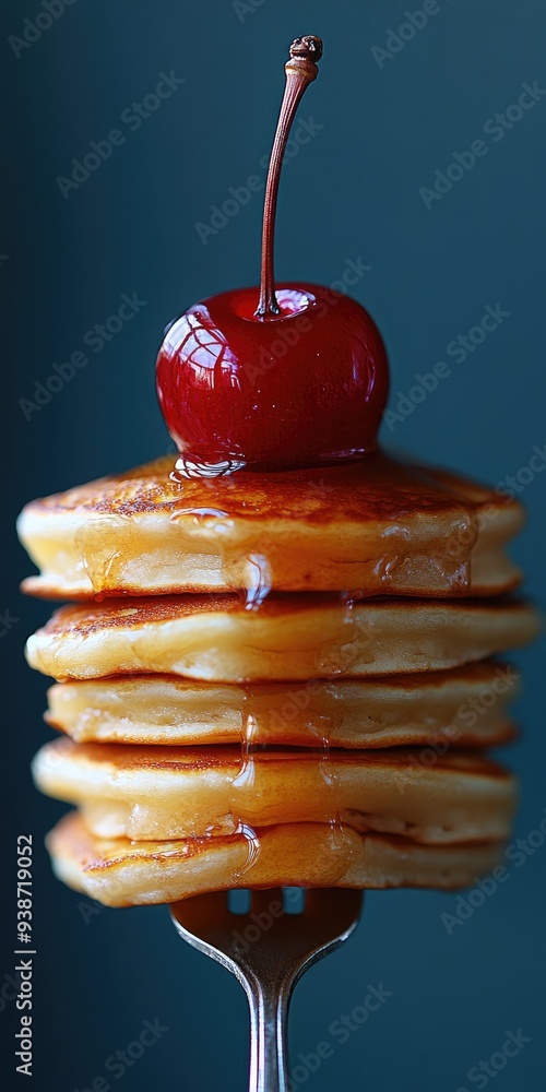 Canvas Prints drizzling maple syrup on stack of pancakes with cherry on top