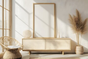 Scandinavian, boho interior design of modern living room with cabinet and mock up blank frame. soft tone
