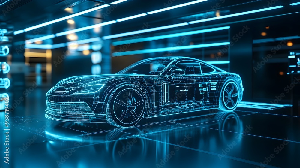 Poster digital twin of a cutting edge car model in a sleek futuristic virtual testing environment with clea
