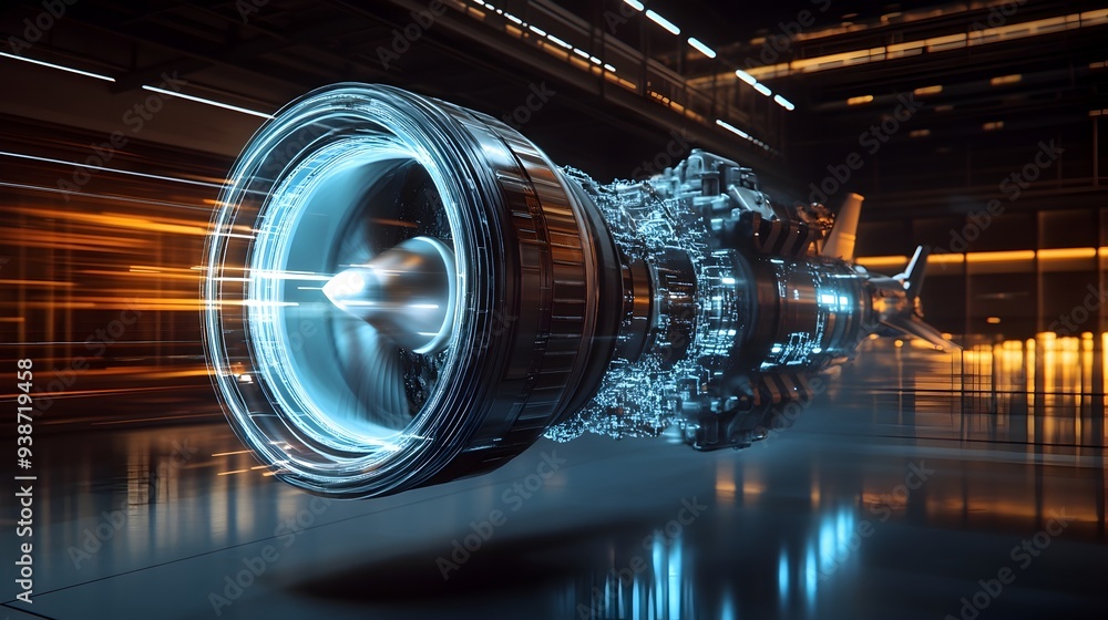 Poster virtual twin simulation of aircraft engine performance and design digital 3d model showcasing engine