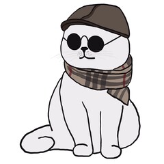Illustration of a cat in various contexts used to decorate the work.