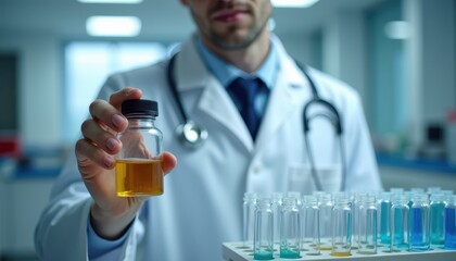 Male doctor holding a sample bottle in a laboratory setting.