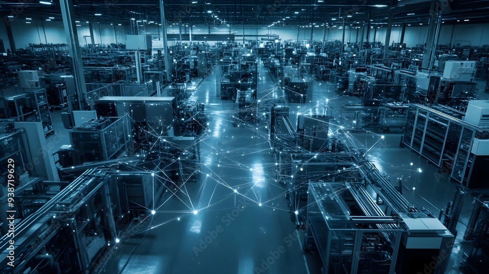Poster a futuristic factory floor being monitored and optimized by multiple digital twins leveraging advanc
