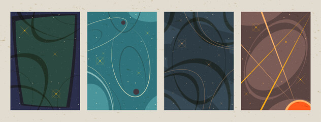 Vector Templates for Retro Style Cosmic Posters, Covers, Illustrations, 1950s - 1960s Space Illustrations Style Backgrounds, Space Age. Vintage Colors and Shapes © koyash07
