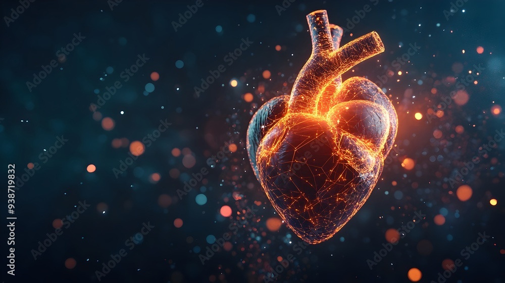 Poster detailed digital rendering of a human heart model used in a medical simulation the heart s anatomica