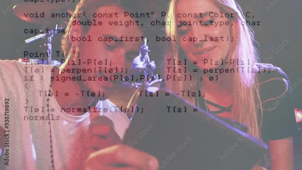 Poster taking selfie, people with programming code animation overlay