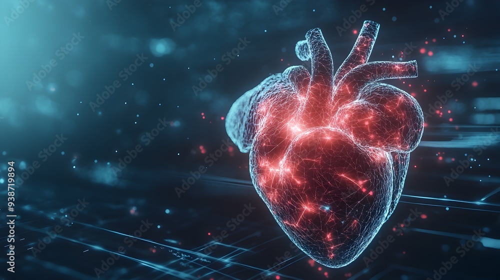 Poster detailed digital model of a human heart used in advanced medical simulation and training with empty 