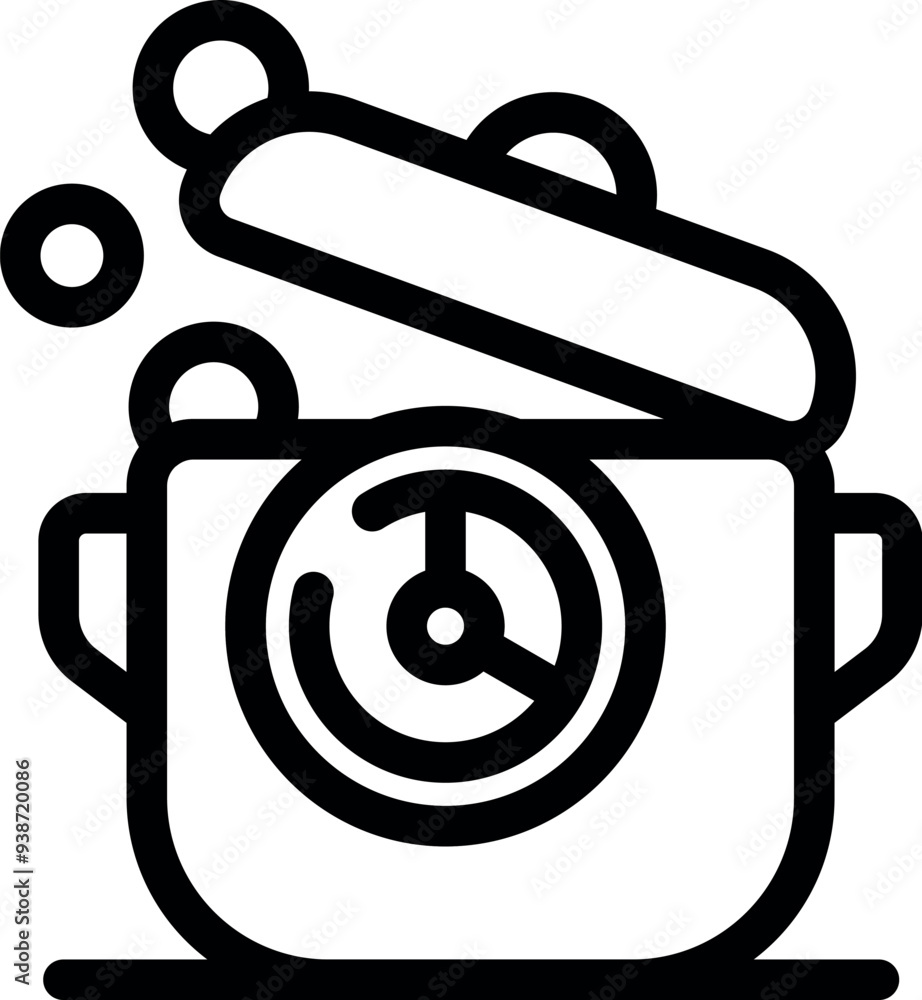 Poster simple vector icon representing a cooking pot with its lid open, releasing steam and showing the tim