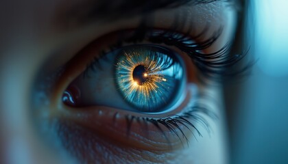 Close-up of a person's blue eye with intricate details of the iris, highlighted by a captivating reflection of light, conveying a sense of wonder.