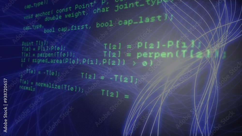 Poster animating programming code and mathematical formulas over abstract blue network lines
