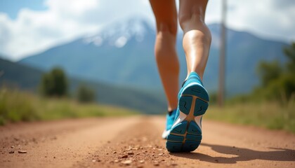 Close-up of a person in running shoes jogging on a dirt path with a scenic mountain view in the background.