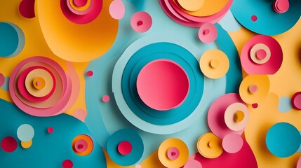 82. "A whimsical paper cut background with floating geometric forms and concentric circles in bright, playful colors