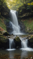 Obraz premium a waterfall that is flowing down a hill in the woods