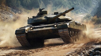 An American battle tank moving across rugged terrain, showcasing its power in a realistic combat scenario.