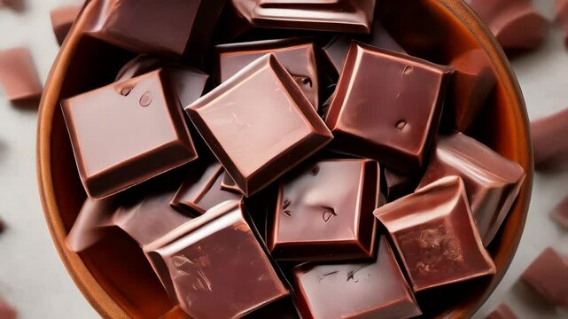Delicious dark chocolate squares in a rustic bowl perfect for baking or snacking anytime